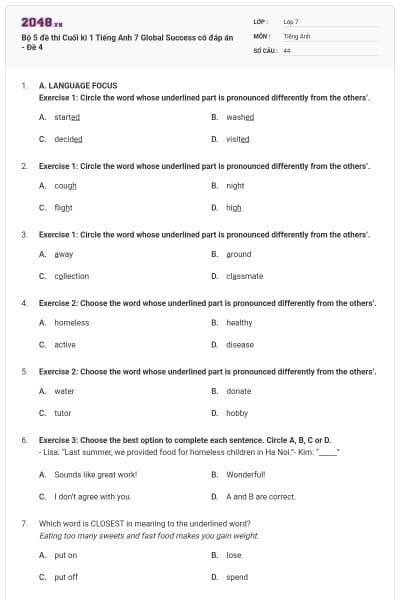 Bộ 5 đề thi Cuối kì 1 Tiếng Anh 7 Global Success có đáp án - Đề 4