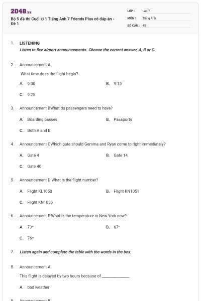 Bộ 5 đề thi Cuối kì 1 Tiếng Anh 7 Friends Plus có đáp án - Đề 1