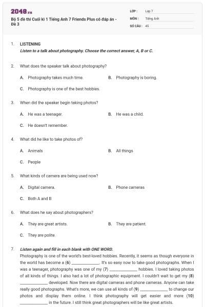 Bộ 5 đề thi Cuối kì 1 Tiếng Anh 7 Friends Plus có đáp án - Đề 3