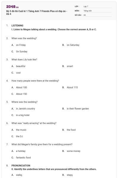 Bộ 5 đề thi Cuối kì 1 Tiếng Anh 7 Friends Plus có đáp án - Đề 4