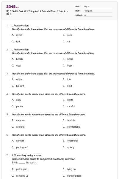 Bộ 5 đề thi Cuối kì 1 Tiếng Anh 7 Friends Plus có đáp án - Đề 5