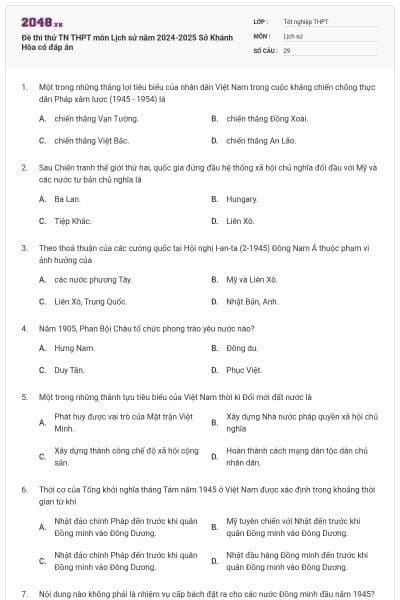 Đề thi thử TN THPT môn Lịch sử năm 2024-2025 Sở Khánh Hòa có đáp án