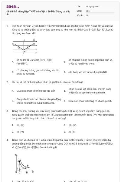 Đề thi thử tốt nghiệp THPT môn Vật lí Sở Bắc Giang có đáp án
