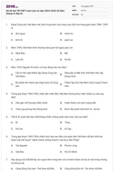 Đề thi thử TN THPT môn Lịch sử năm 2024-2025 Sở Kiên Giang có đáp án