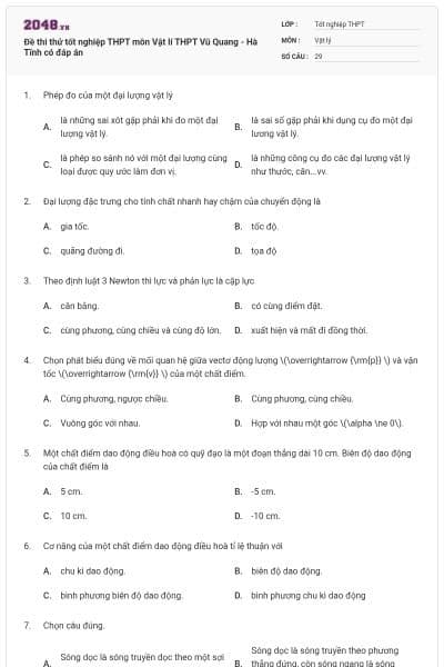 Đề thi thử tốt nghiệp THPT môn Vật lí THPT Vũ Quang - Hà Tĩnh có đáp án