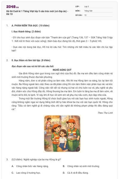Đề thi Cuối kì 1 Tiếng Việt lớp 5 cấu trúc mới (có đáp án) - Đề 10