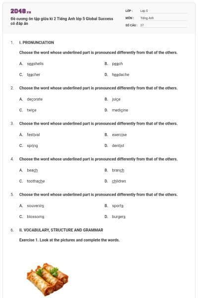Đề cương ôn tập giữa kì 2 Tiếng Anh lớp 5 Global Success có đáp án