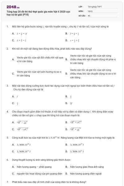 Tổng hợp 20 đề thi thử thpt quốc gia môn Vật lí 2020 cực hay có lời giải (P18)