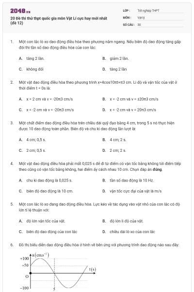 20 Đề thi thử thpt quốc gia môn Vật Lí cực hay mới nhất (đề 12)
