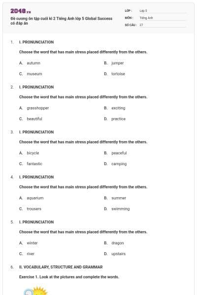 Đề cương ôn tập cuối kì 2 Tiếng Anh lớp 5 Global Success có đáp án