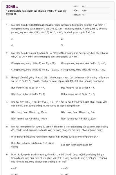 15 Bài tập trắc nghiệm Ôn tập Chương 1 Vật Lí 11 cực hay có đáp án