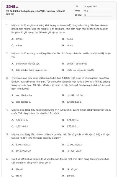 20 Đề thi thử thpt quốc gia môn Vật Lí cực hay mới nhất (đề 13)