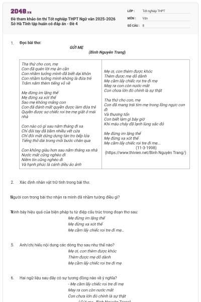 Đề tham khảo ôn thi Tốt nghiệp THPT Ngữ văn 2025-2026 Sở Hà Tĩnh tập huấn có đáp án - Đề 4