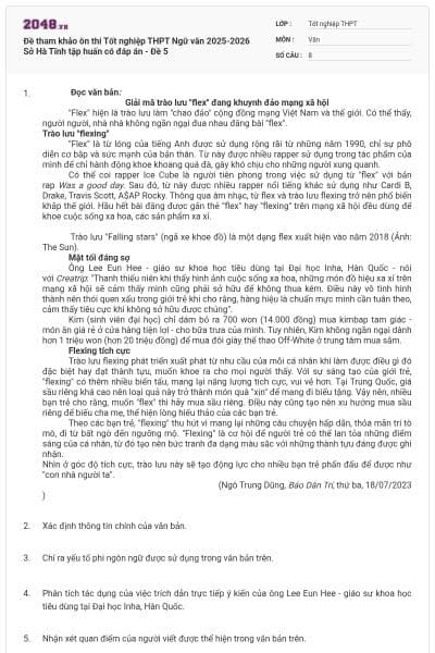 Đề tham khảo ôn thi Tốt nghiệp THPT Ngữ văn 2025-2026 Sở Hà Tĩnh tập huấn có đáp án - Đề 5