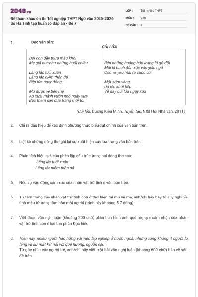 Đề tham khảo ôn thi Tốt nghiệp THPT Ngữ văn 2025-2026 Sở Hà Tĩnh tập huấn có đáp án - Đề 7