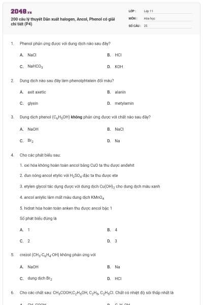 200 câu lý thuyết Dẫn xuất halogen, Ancol, Phenol có giải chi tiết (P4)