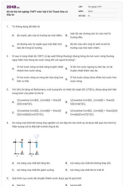 Đề thi thử tốt nghiệp THPT môn Vật lí Sở Thanh Hóa có đáp án