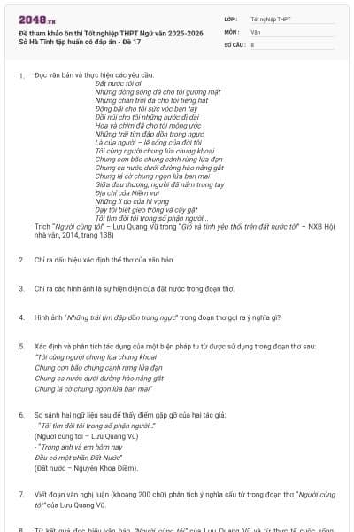 Đề tham khảo ôn thi Tốt nghiệp THPT Ngữ văn 2025-2026 Sở Hà Tĩnh tập huấn có đáp án - Đề 17