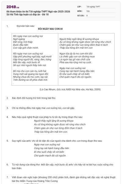 Đề tham khảo ôn thi Tốt nghiệp THPT Ngữ văn 2025-2026 Sở Hà Tĩnh tập huấn có đáp án - Đề 18