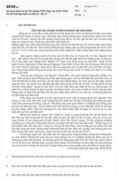Đề tham khảo ôn thi Tốt nghiệp THPT Ngữ văn 2025-2026 Sở Hà Tĩnh tập huấn có đáp án - Đề 19
