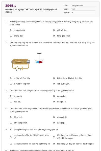 Đề thi thử tốt nghiệp THPT môn Vật lí Sở Thái Nguyên có đáp án