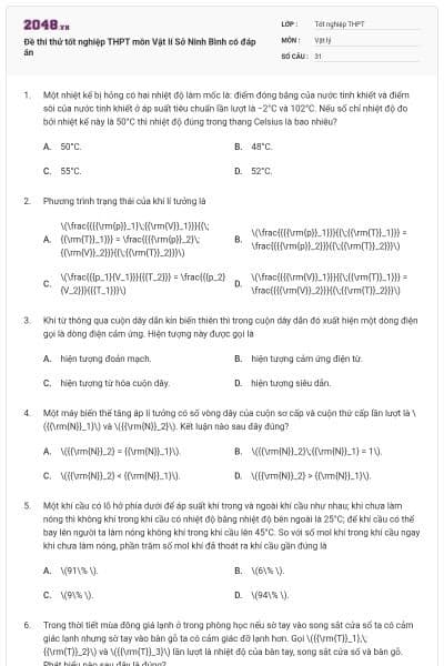 Đề thi thử tốt nghiệp THPT môn Vật lí Sở Ninh Bình có đáp án