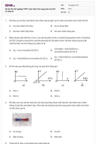 Đề thi thử tốt nghiệp THPT môn Vật lí Sở Lạng Sơn mã 201 có đáp án