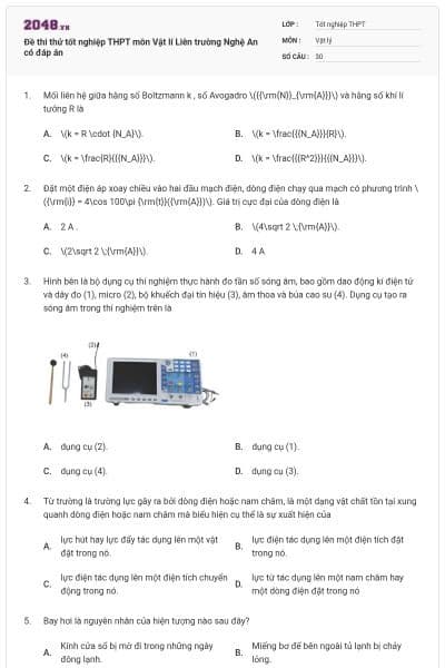 Đề thi thử tốt nghiệp THPT môn Vật lí Liên trường Nghệ An có đáp án