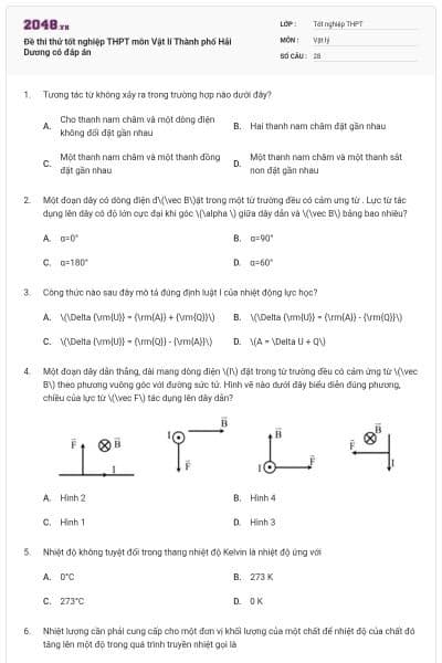 Đề thi thử tốt nghiệp THPT môn Vật lí Thành phố Hải Dương có đáp án