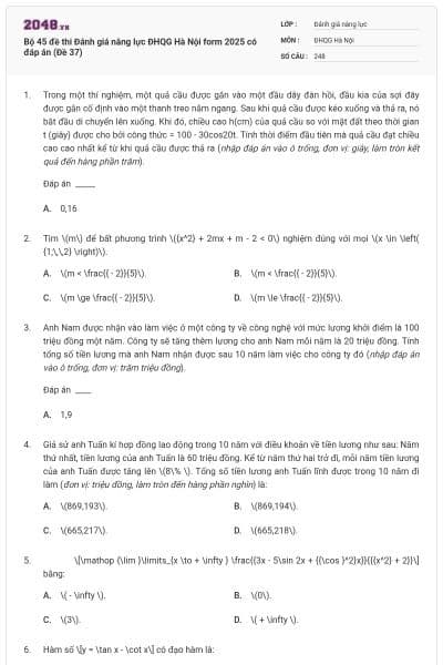 Bộ 45 đề thi Đánh giá năng lực ĐHQG Hà Nội form 2025 có đáp án (Đề 37)