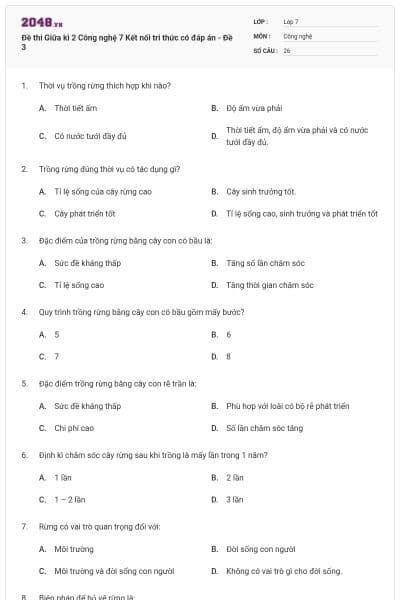 Đề thi Giữa kì 2 Công nghệ 7 Kết nối tri thức có đáp án - Đề 3