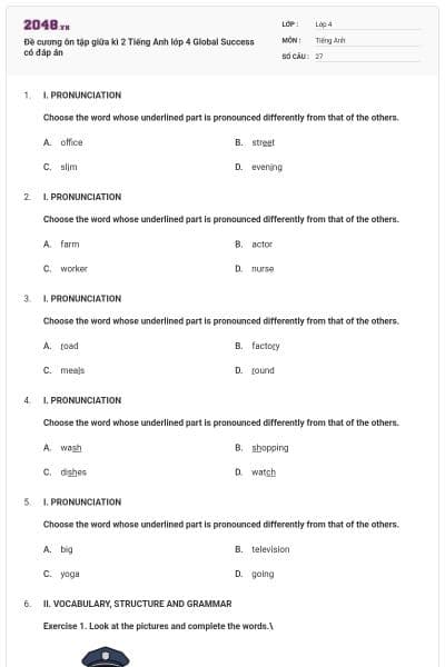 Đề cương ôn tập giữa kì 2 Tiếng Anh lớp 4 Global Success có đáp án