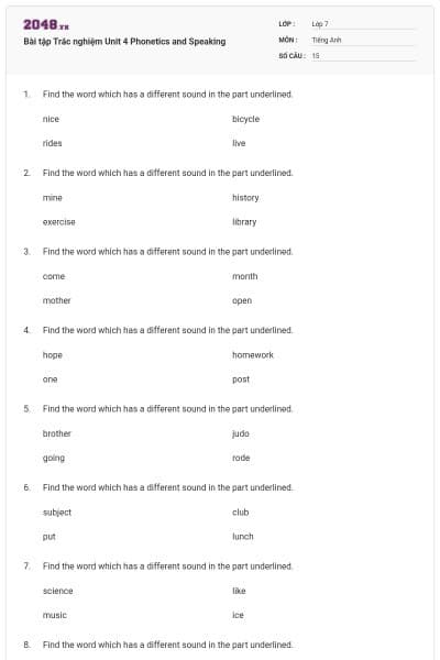 Bài tập Trắc nghiệm Unit 4 Phonetics and Speaking