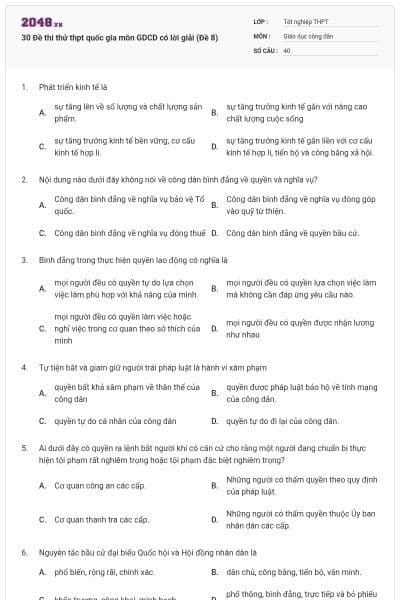 30 Đề thi thử thpt quốc gia môn GDCD có lời giải (Đề 8)