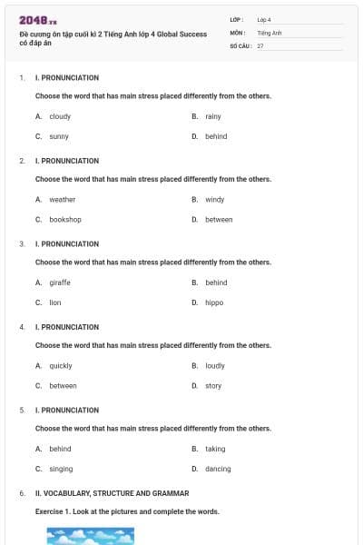 Đề cương ôn tập cuối kì 2 Tiếng Anh lớp 4 Global Success có đáp án