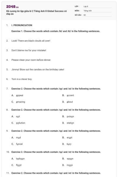 Đề cương ôn tập giữa kì 2 Tiếng Anh 8 Global Success có đáp án