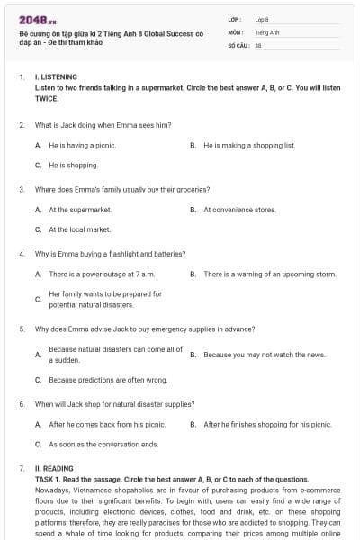 Đề cương ôn tập giữa kì 2 Tiếng Anh 8 Global Success có đáp án - Đề thi tham khảo
