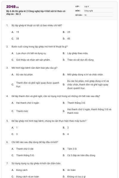 Bộ 6 đề thi giữa kì 2 Công nghệ lớp 4 Kết nối tri thức có đáp án - Đề 3