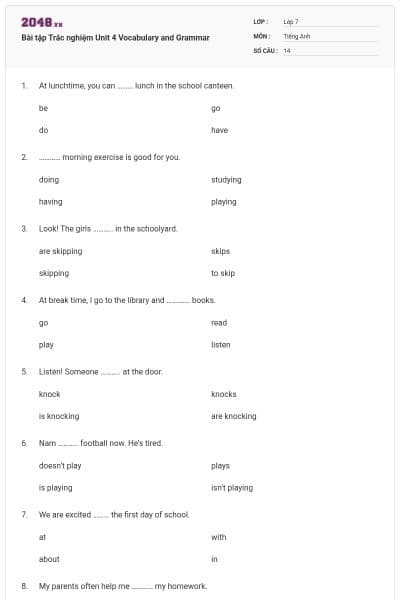 Bài tập Trắc nghiệm Unit 4 Vocabulary and Grammar