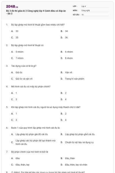 Bộ 3 đề thi giữa kì 2 Công nghệ lớp 4 Cánh diều có đáp án - Đề 3