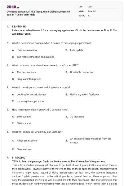 Đề cương ôn tập cuối kì 2 Tiếng Anh 8 Global Success có đáp án - Đề thi tham khảo