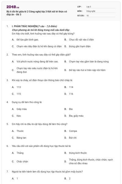 Bộ 6 đề thi giữa kì 2 Công nghệ lớp 3 Kết nối tri thức có đáp án - Đề 3