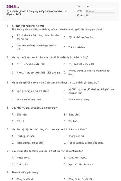 Bộ 6 đề thi giữa kì 2 Công nghệ lớp 3 Kết nối tri thức có đáp án - Đề 4