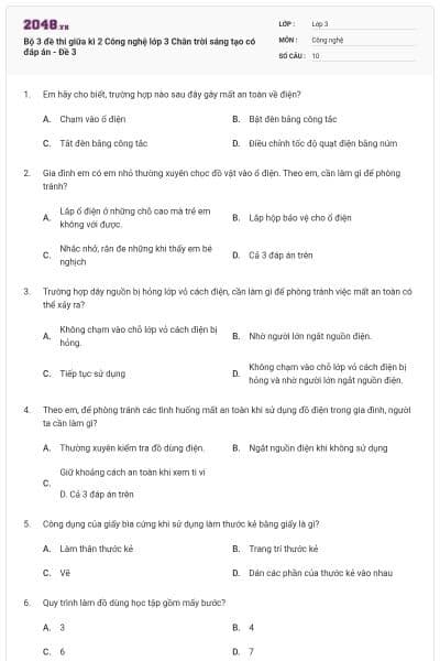 Bộ 3 đề thi giữa kì 2 Công nghệ lớp 3 Chân trời sáng tạo có đáp án - Đề 3