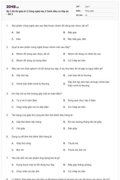 Bộ 3 đề thi giữa kì 2 Công nghệ lớp 3 Cánh diều có đáp án - Đề 3