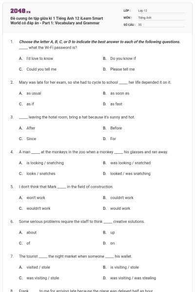 Đề cương ôn tập giữa kì 1 Tiếng Anh 12 iLearn Smart World có đáp án - Part 1: Vocabulary and Grammar