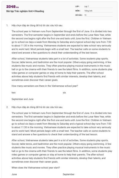 Bài tập Trắc nghiệm Unit 4 Reading