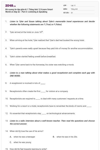 Đề cương ôn tập giữa kì 1 Tiếng Anh 12 iLearn Smart World có đáp án - Part 3: Listening & Speaking