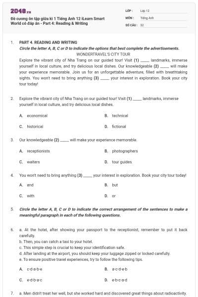 Đề cương ôn tập giữa kì 1 Tiếng Anh 12 iLearn Smart World có đáp án - Part 4: Reading & Writing