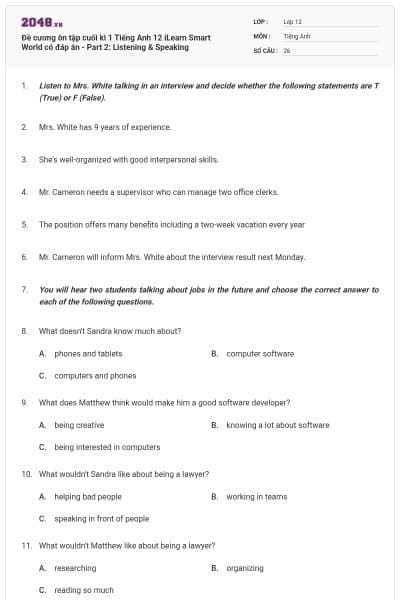 Đề cương ôn tập cuối kì 1 Tiếng Anh 12 iLearn Smart World có đáp án - Part 2:  Listening & Speaking